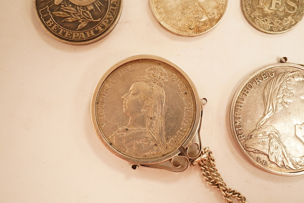 World coins, Victoria, 1891 crown, mounted with chain, Austria, Maria Theresa Thaler, mounted, CCCP medal award, a pierced one rupee India eighteen ninety and a novelty yes no fantasy coin.